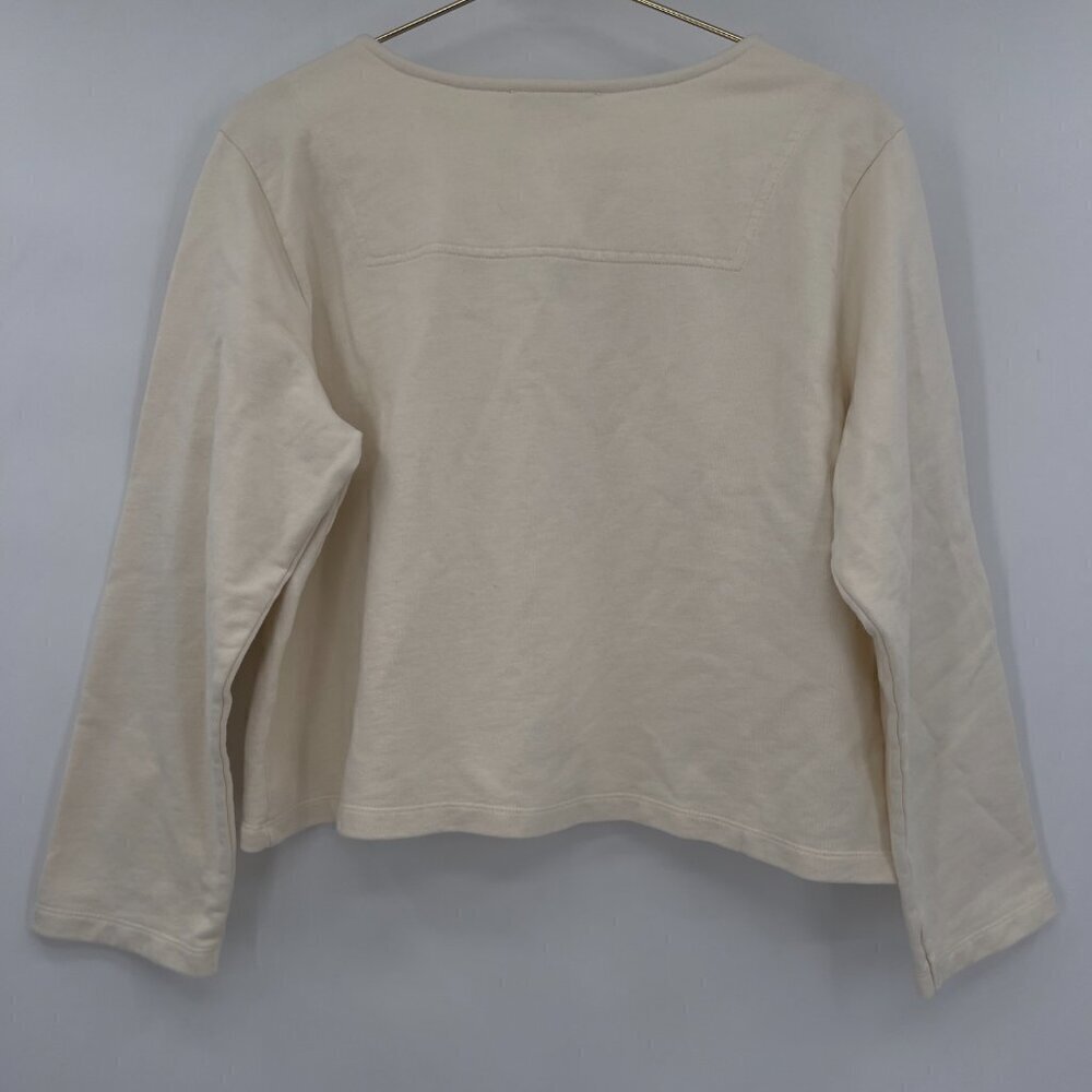 Something Navy Tassel Tie Sweatshirt Split Neck Beige Cotton Women's L - Picture 4 of 8